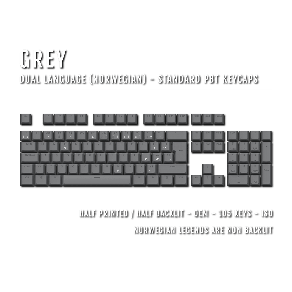 Grey PBT Norwegian Keycaps - ISO-NO - 100% Size - Dual Language Keycaps - kromekeycaps