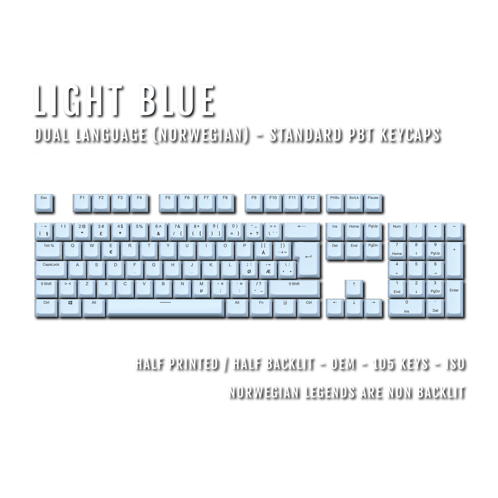 Light Blue PBT Norwegian Keycaps - ISO-NO - 100% Size - Dual Language Keycaps - kromekeycaps