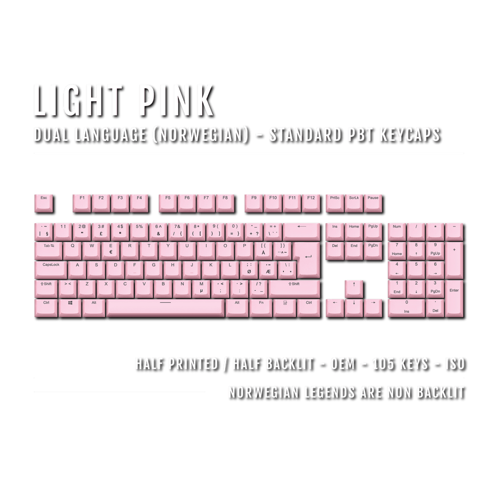 Light Pink PBT Norwegian Keycaps - ISO-NO - 100% Size - Dual Language Keycaps - kromekeycaps