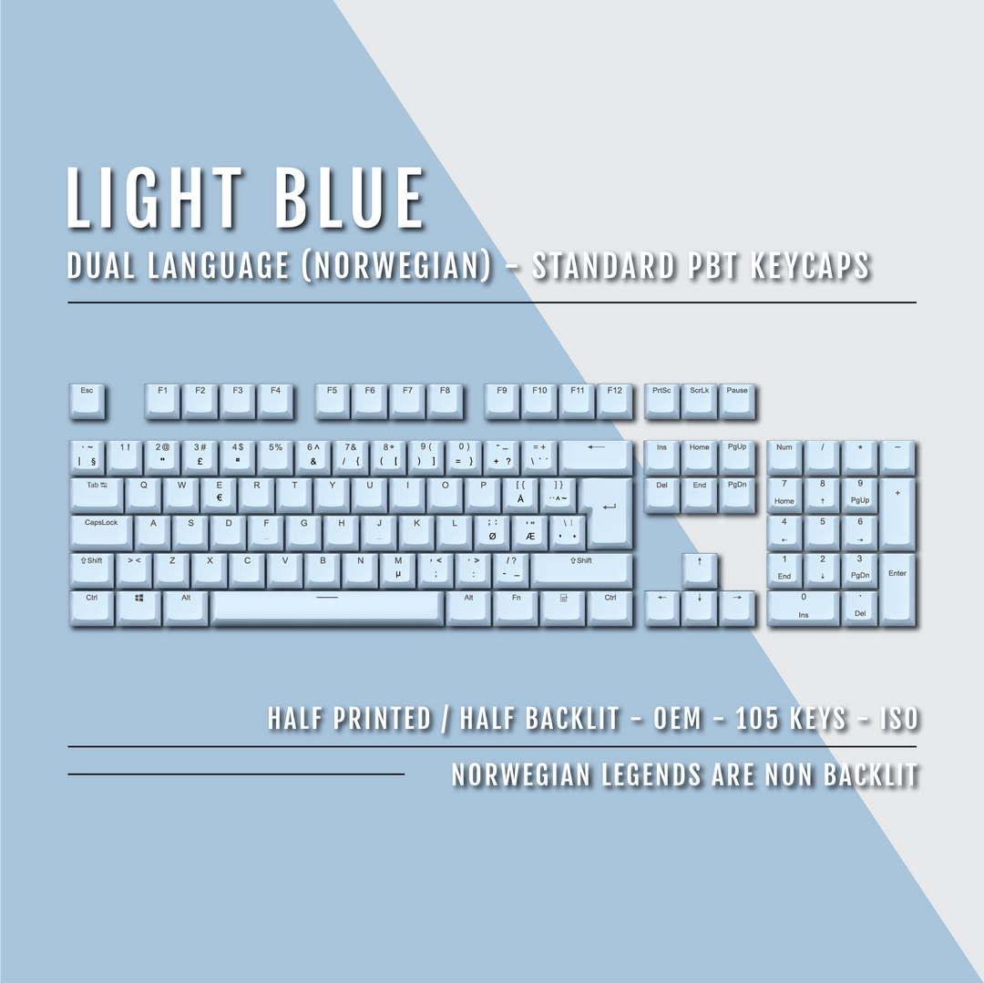 Light Blue PBT Norwegian Keycaps - ISO-NO - 100% Size - Dual Language Keycaps - kromekeycaps