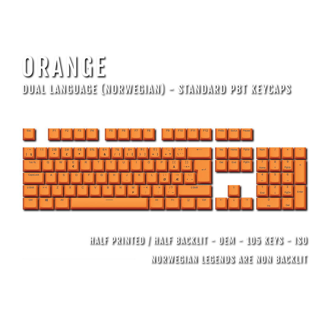 Orange PBT Norwegian Keycaps - ISO-NO - 100% Size - Dual Language Keycaps - kromekeycaps