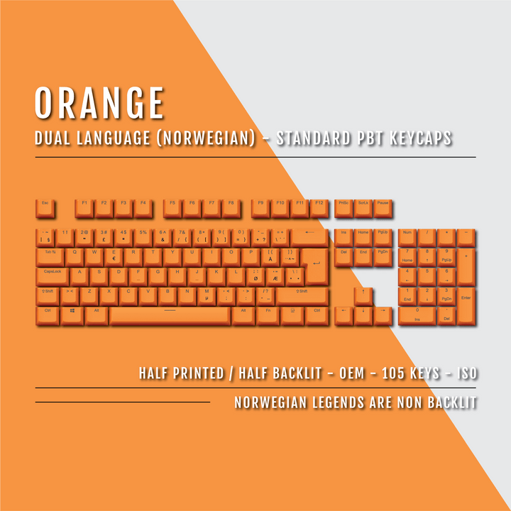 Orange PBT Norwegian Keycaps - ISO-NO - 100% Size - Dual Language Keycaps - kromekeycaps