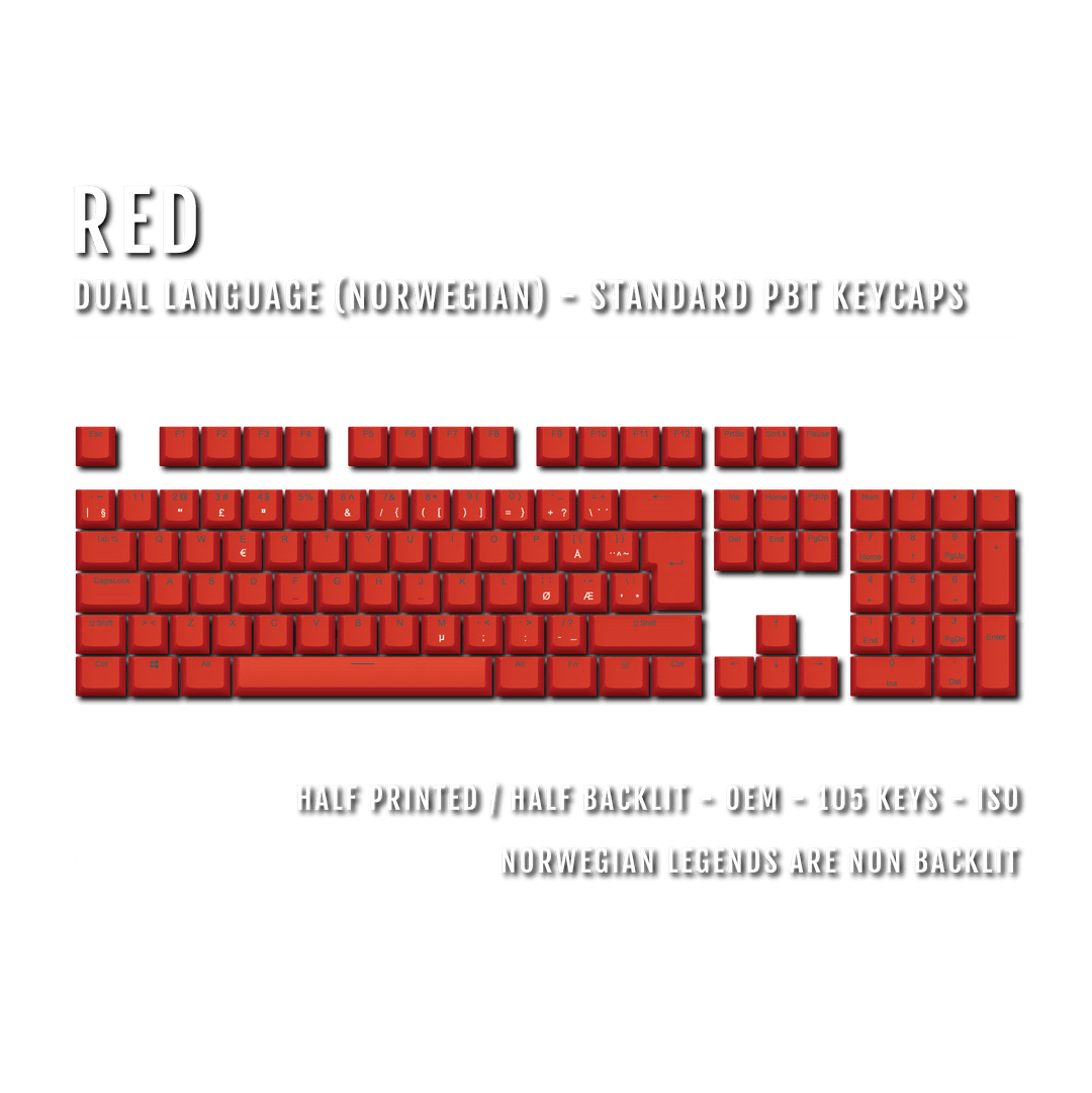 Red PBT Norwegian Keycaps - ISO-NO - 100% Size - Dual Language Keycaps - kromekeycaps