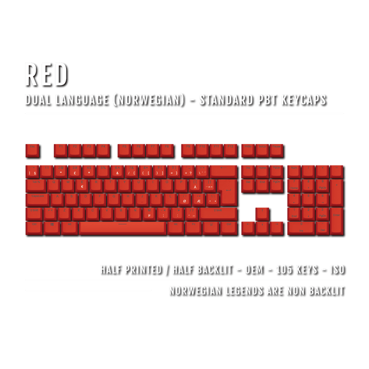 Red PBT Norwegian Keycaps - ISO-NO - 100% Size - Dual Language Keycaps - kromekeycaps