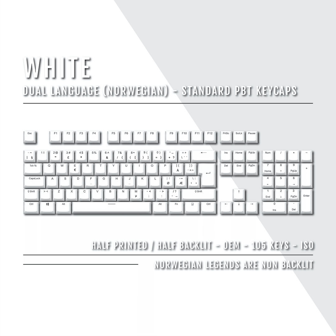 White PBT Norwegian Keycaps - ISO-NO - 100% Size - Dual Language Keycaps - kromekeycaps