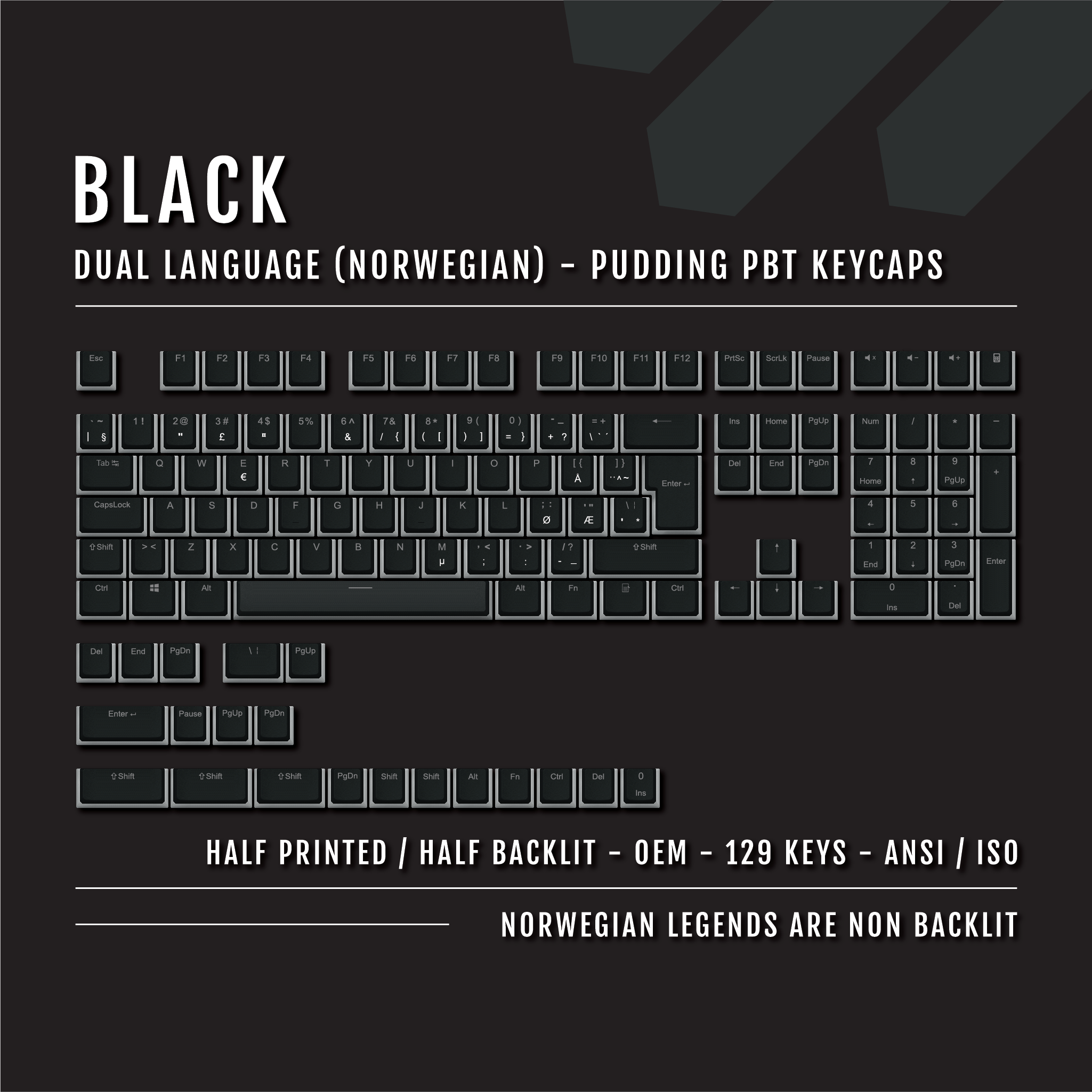 Black Norwegian (ISO-NO) Dual Language PBT Pudding Keycaps – Krome ...