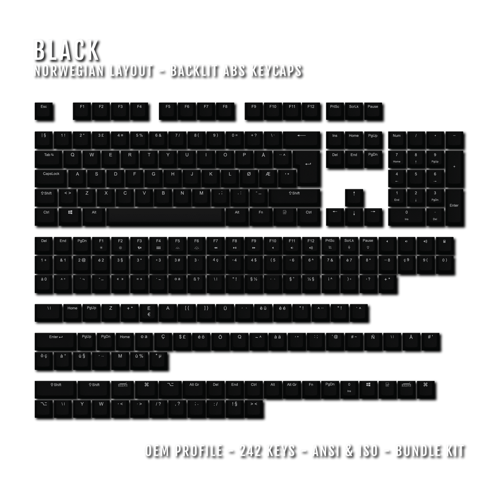 Black Norwegian (ISO-NO) Backlit ABS Keycaps for Windows & Mac Krome Keycaps LTD norwegian
