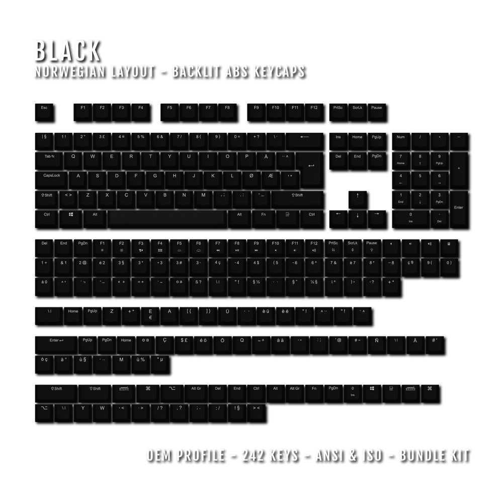 Black Backlit Norwegian Keycaps - ISO-NO - Windows & Mac - kromekeycaps