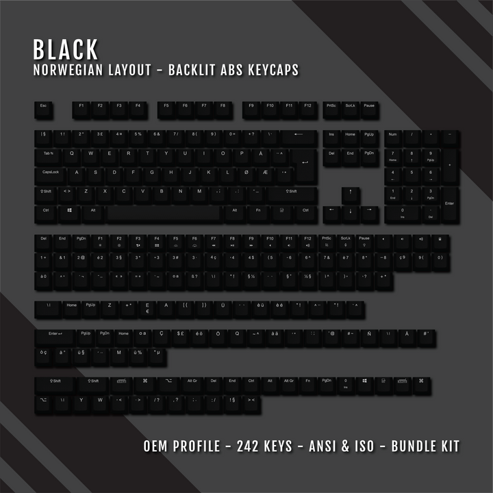 Black Backlit Norwegian Keycaps - ISO-NO - Windows & Mac - kromekeycaps