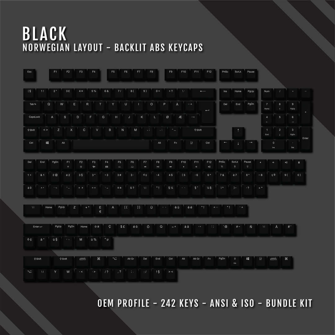 Black Norwegian (ISO-NO) Backlit ABS Keycaps for Windows & Mac Krome Keycaps LTD norwegian