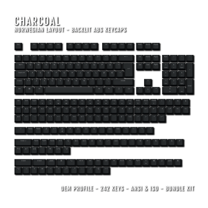Charcoal Backlit Norwegian Keycaps - ISO-NO - Windows & Mac - kromekeycaps