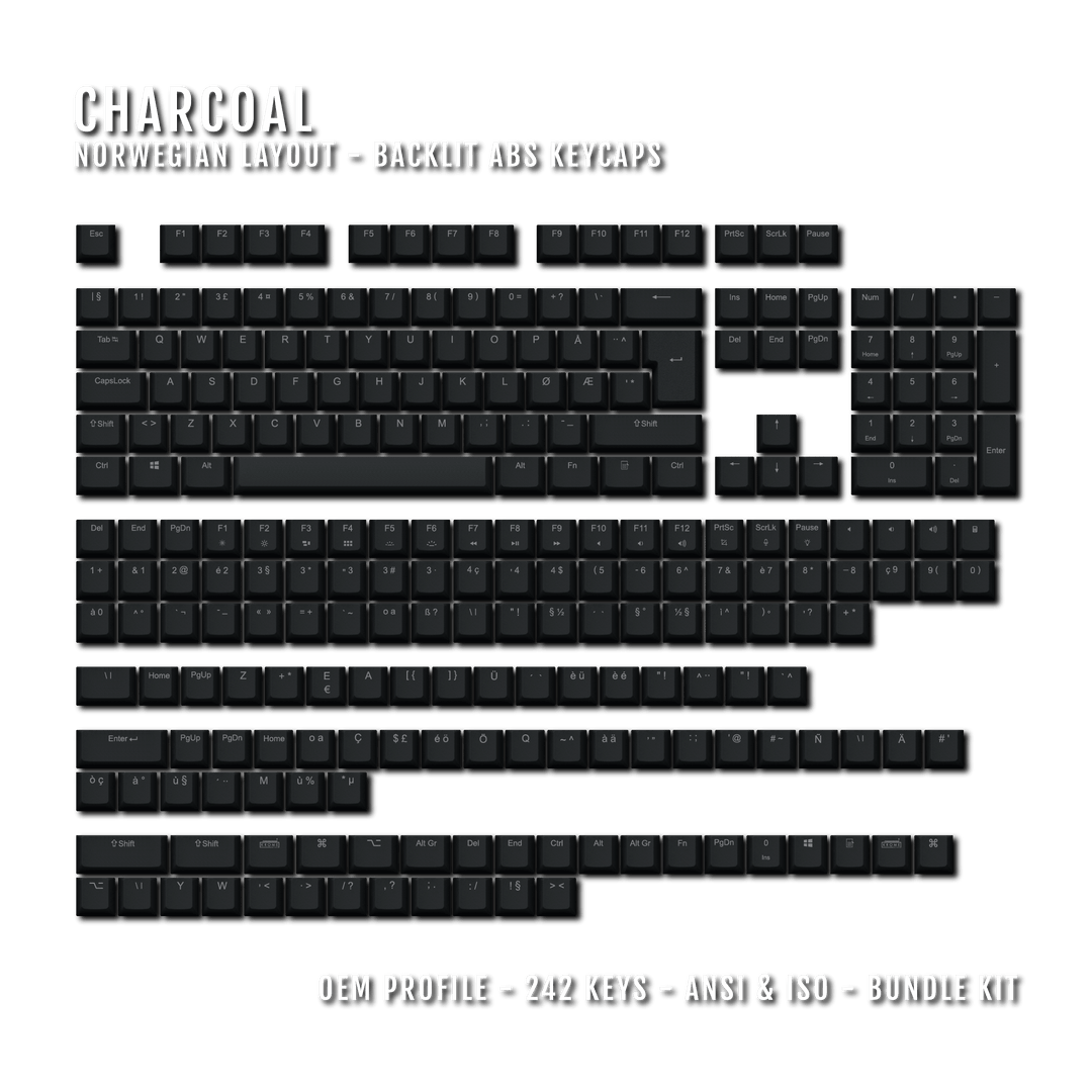 Charcoal Backlit Norwegian Keycaps - ISO-NO - Windows & Mac - kromekeycaps