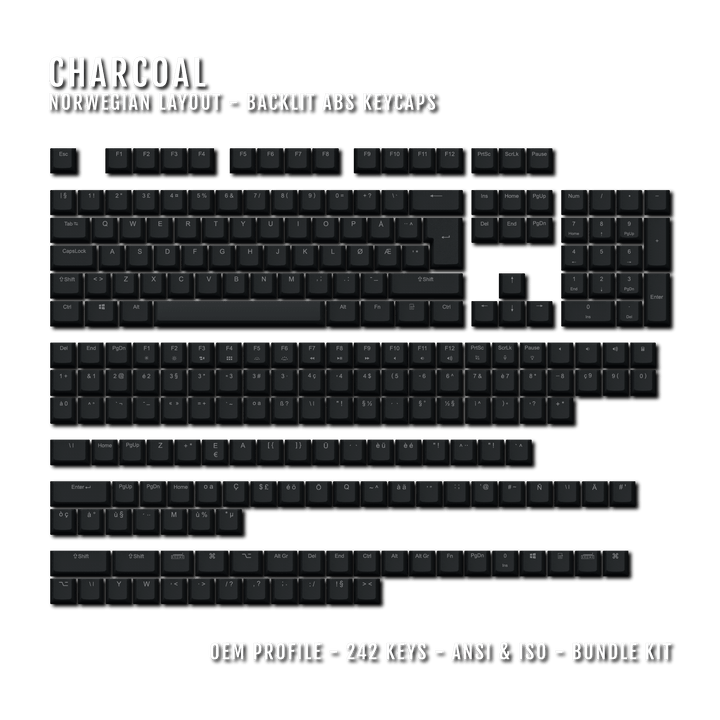 Charcoal Norwegian (ISO-NO) Backlit ABS Keycaps for Windows & Mac Krome Keycaps LTD norwegian