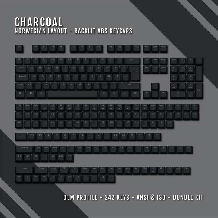 Charcoal Norwegian (ISO-NO) Backlit ABS Keycaps for Windows & Mac Krome Keycaps LTD norwegian