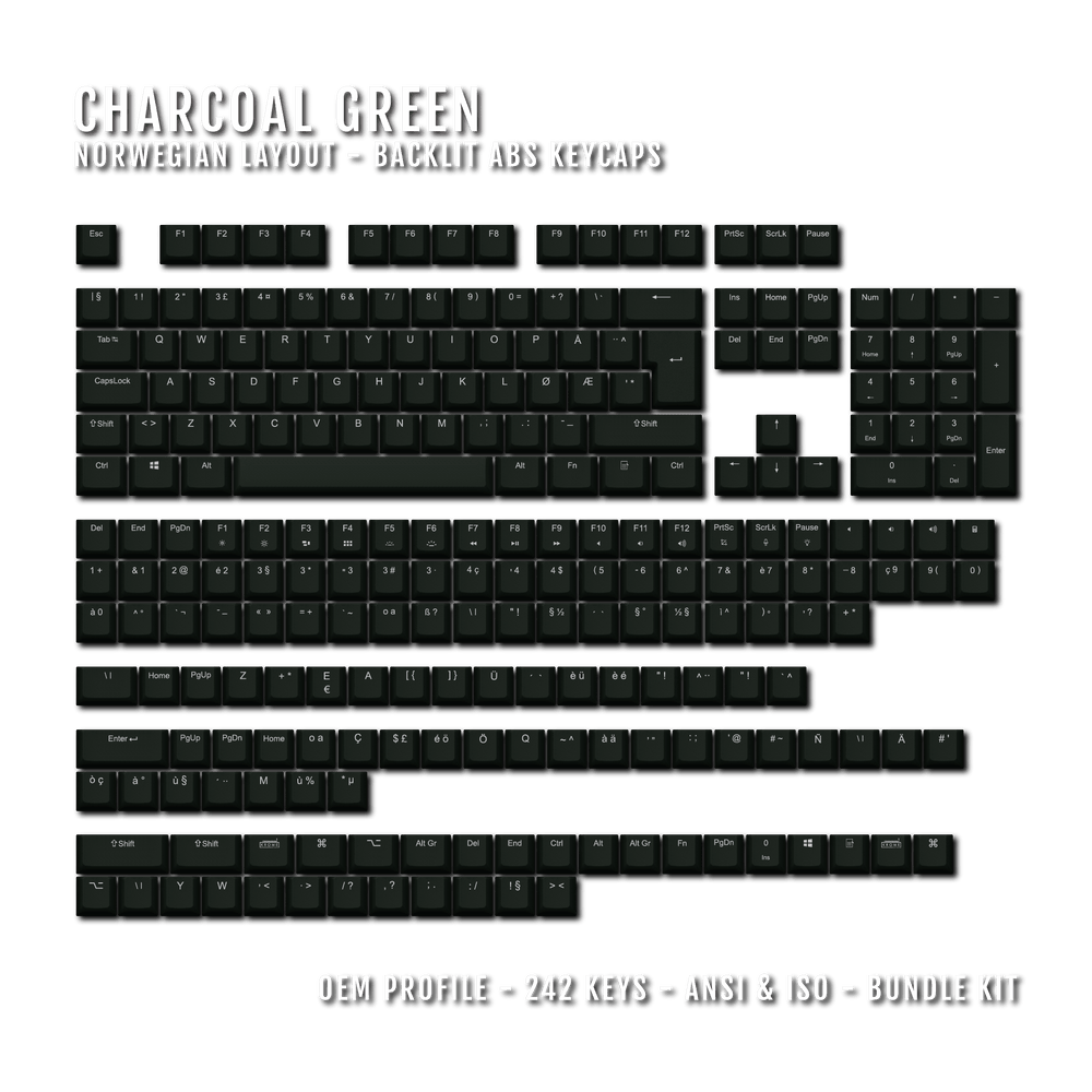 Charcoal Green Backlit Norwegian Keycaps - ISO-NO - Windows & Mac - kromekeycaps