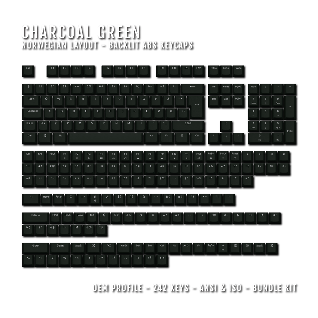 Charcoal Green Norwegian (ISO-NO) Backlit ABS Keycaps for Windows & Mac Krome Keycaps LTD norwegian