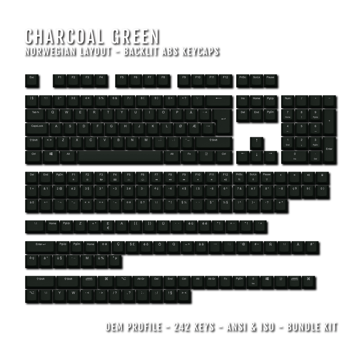 Charcoal Green Backlit Norwegian Keycaps - ISO-NO - Windows & Mac - kromekeycaps