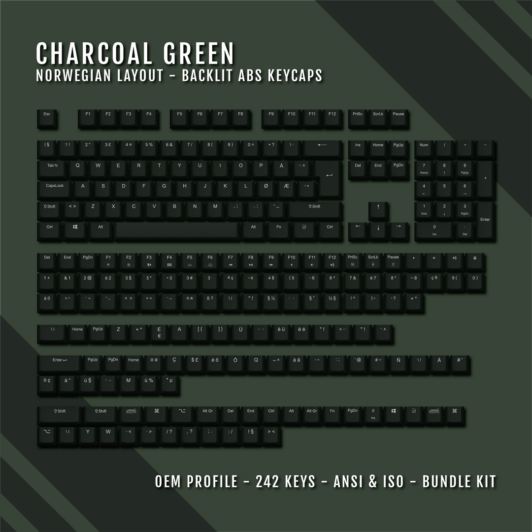 Charcoal Green Norwegian (ISO-NO) Backlit ABS Keycaps for Windows & Mac Krome Keycaps LTD norwegian