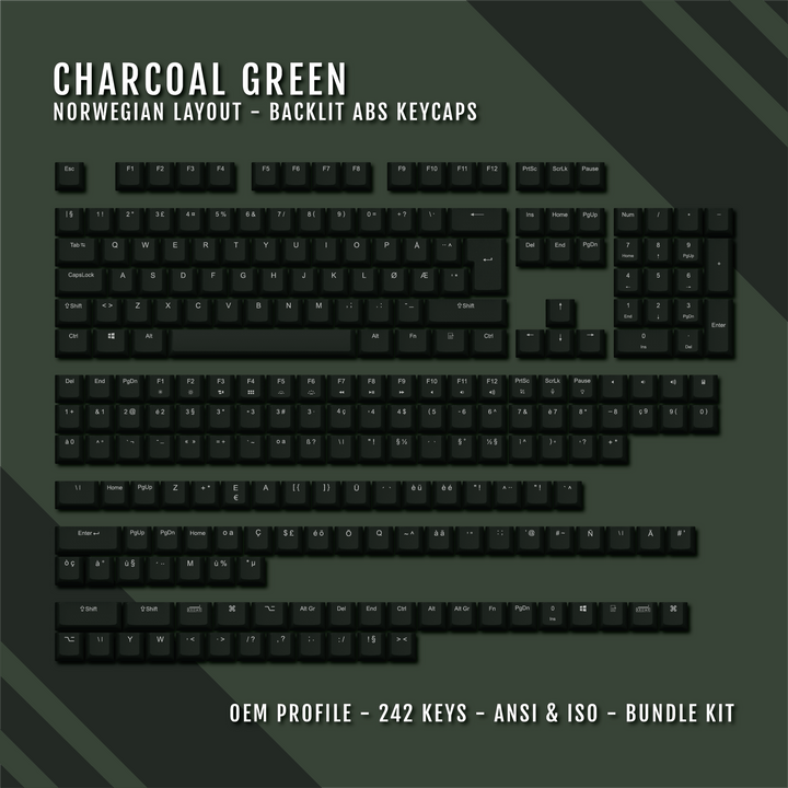 Charcoal Green Norwegian (ISO-NO) Backlit ABS Keycaps for Windows & Mac Krome Keycaps LTD norwegian