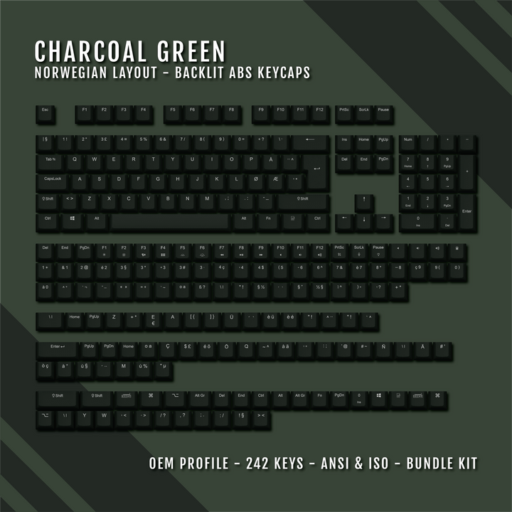 Charcoal Green Backlit Norwegian Keycaps - ISO-NO - Windows & Mac - kromekeycaps