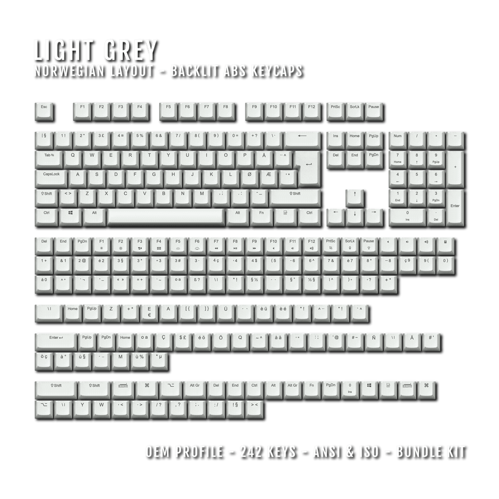 Light Grey Backlit Norwegian Keycaps - ISO-NO - Windows & Mac - kromekeycaps