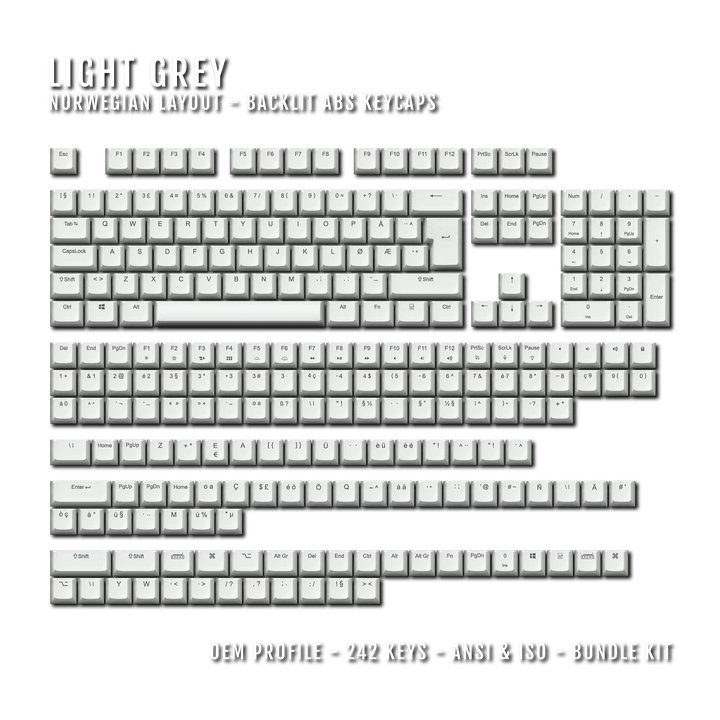 Light Grey Norwegian (ISO-NO) Backlit ABS Keycaps for Windows & Mac Krome Keycaps LTD norwegian