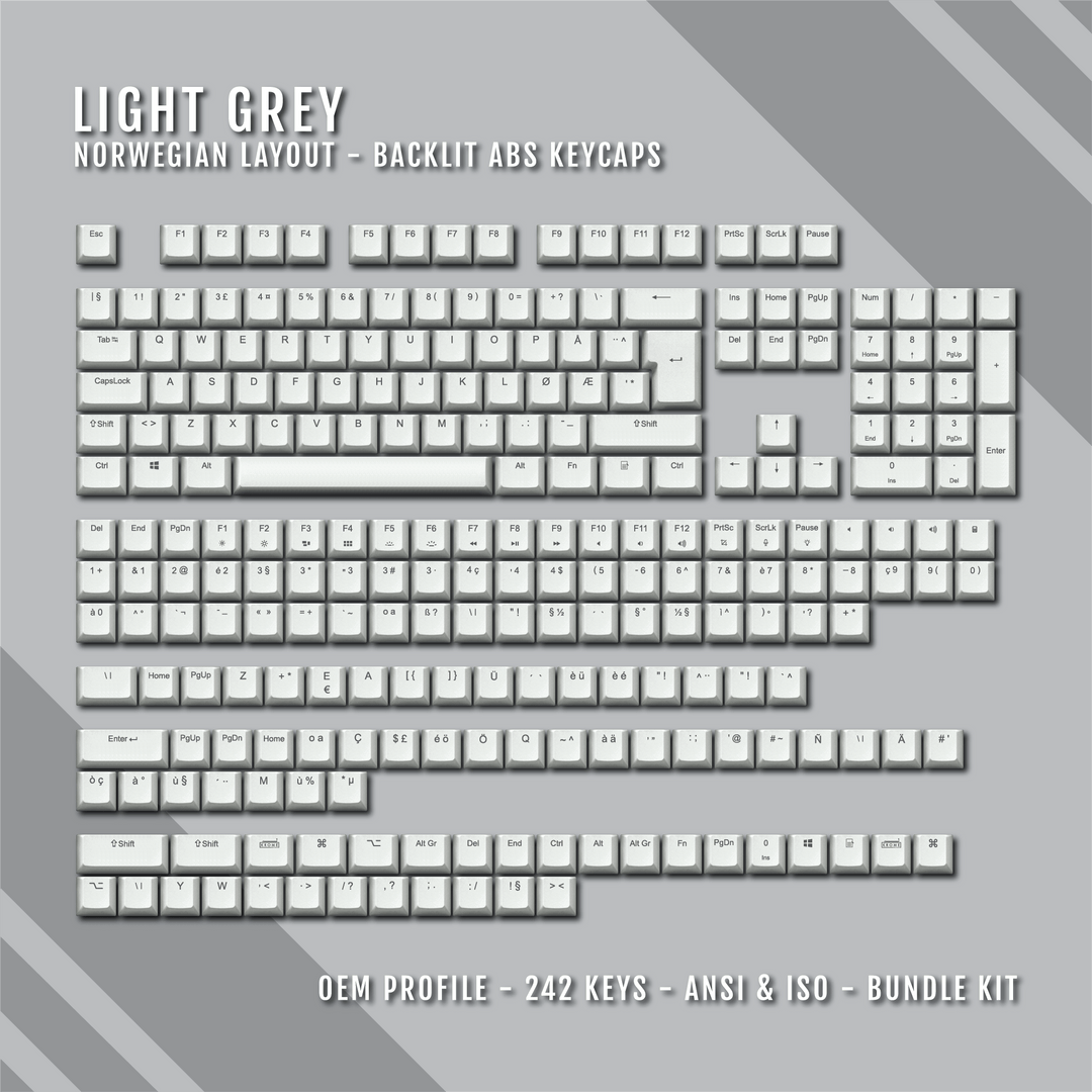 Light Grey Norwegian (ISO-NO) Backlit ABS Keycaps for Windows & Mac Krome Keycaps LTD norwegian