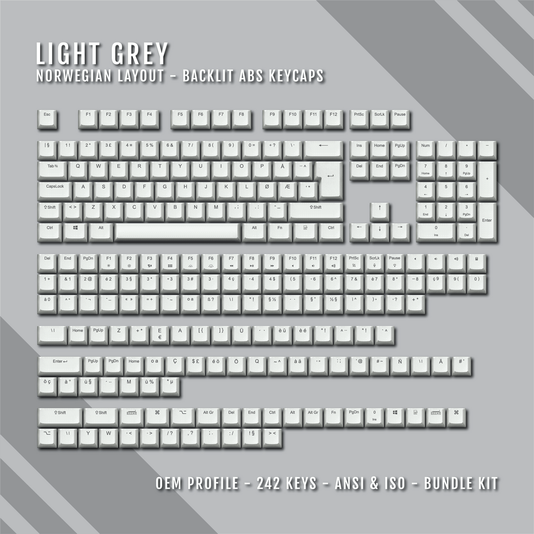 Light Grey Backlit Norwegian Keycaps - ISO-NO - Windows & Mac - kromekeycaps