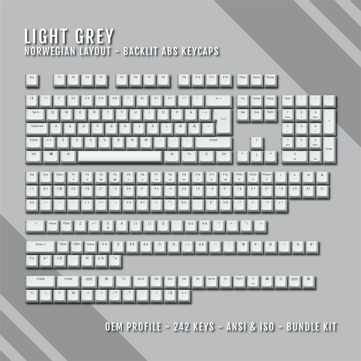 Light Grey Norwegian (ISO-NO) Backlit ABS Keycaps for Windows & Mac Krome Keycaps LTD norwegian