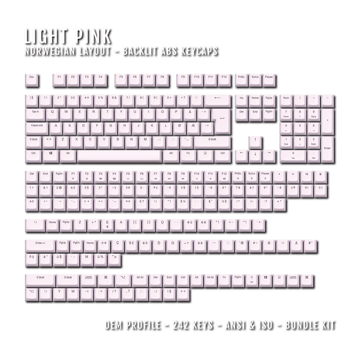 Light Pink Backlit Norwegian Keycaps - ISO-NO - Windows & Mac - kromekeycaps