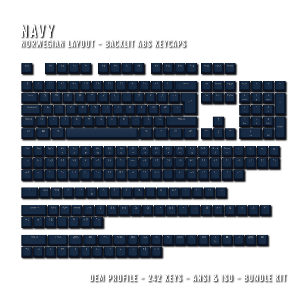 Navy Backlit Norwegian Keycaps - ISO-NO - Windows & Mac - kromekeycaps