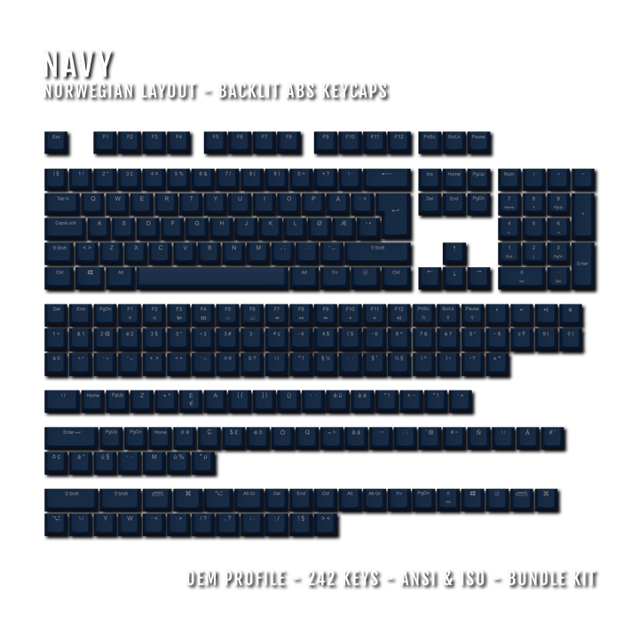 Navy Norwegian (ISO-NO) Backlit ABS Keycaps for Windows & Mac Krome Keycaps LTD norwegian