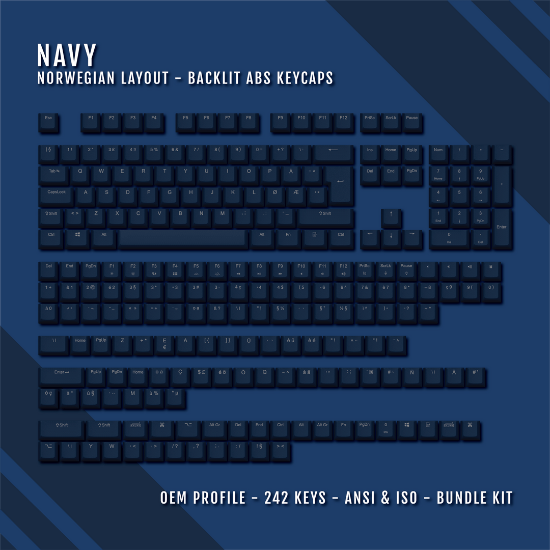 Navy Norwegian (ISO-NO) Backlit ABS Keycaps for Windows & Mac Krome Keycaps LTD norwegian
