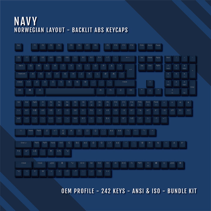 Navy Norwegian (ISO-NO) Backlit ABS Keycaps for Windows & Mac Krome Keycaps LTD norwegian