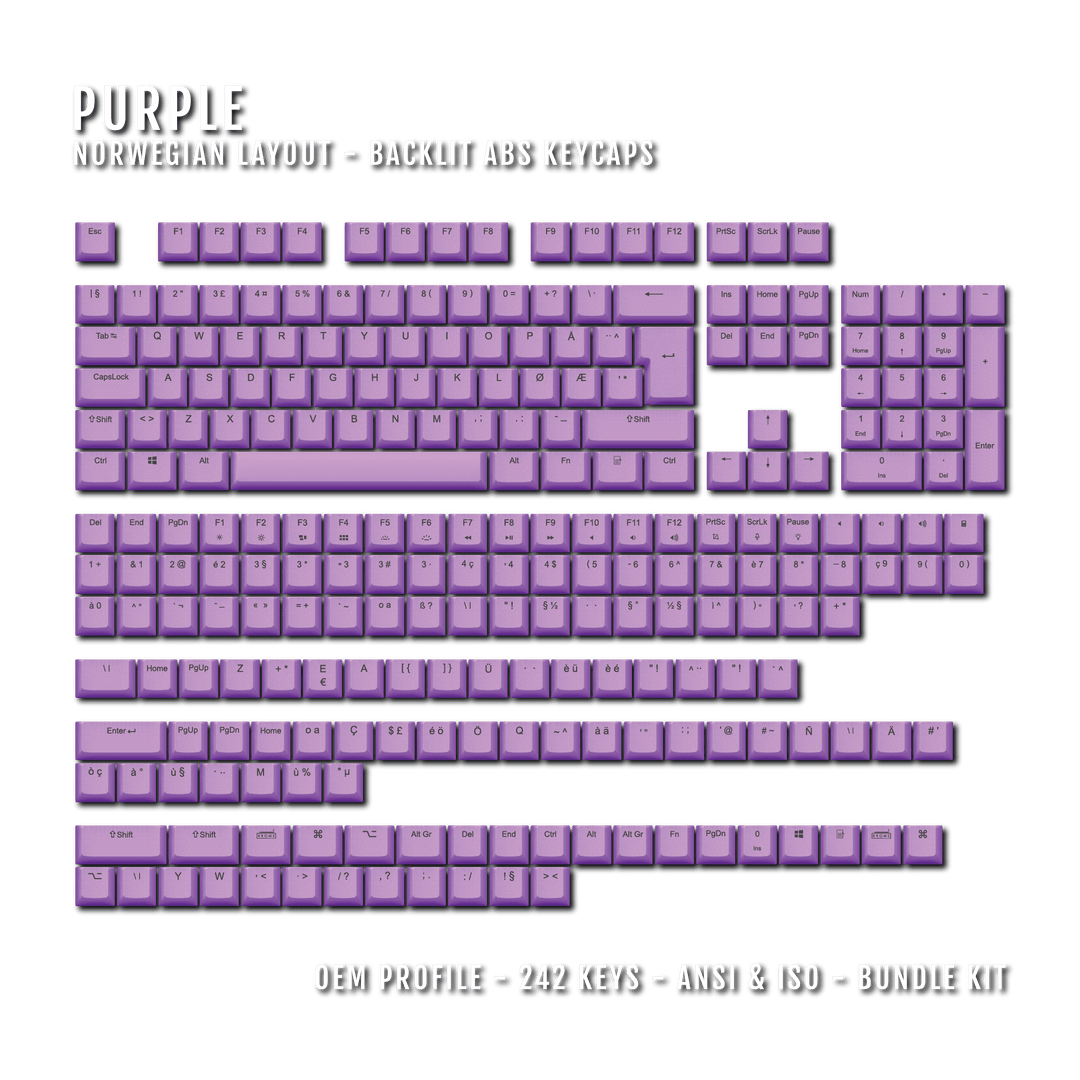 Purple Norwegian (ISO-NO) Backlit ABS Keycaps for Windows & Mac