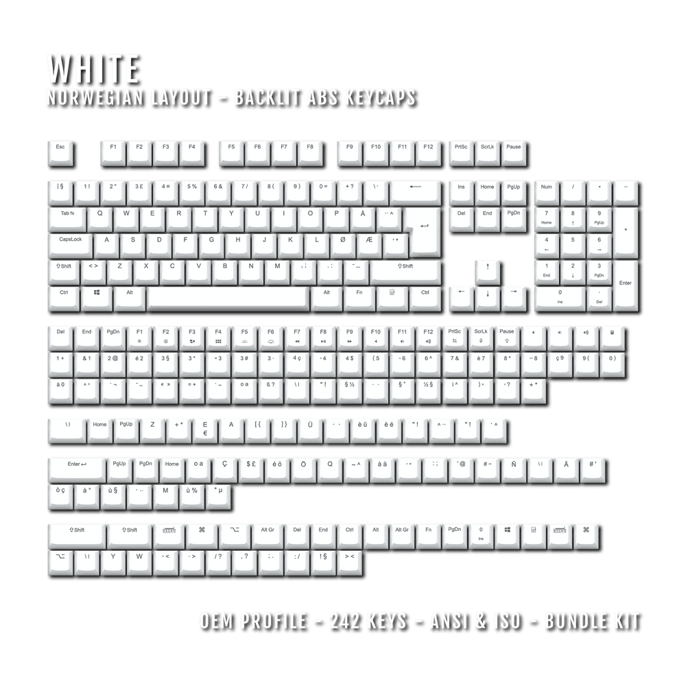 White Norwegian (ISO-NO) Backlit ABS Keycaps for Windows & Mac Krome Keycaps LTD norwegian