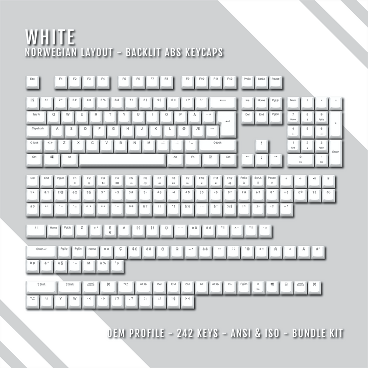 White Backlit Norwegian Keycaps - ISO-NO - Windows & Mac - kromekeycaps