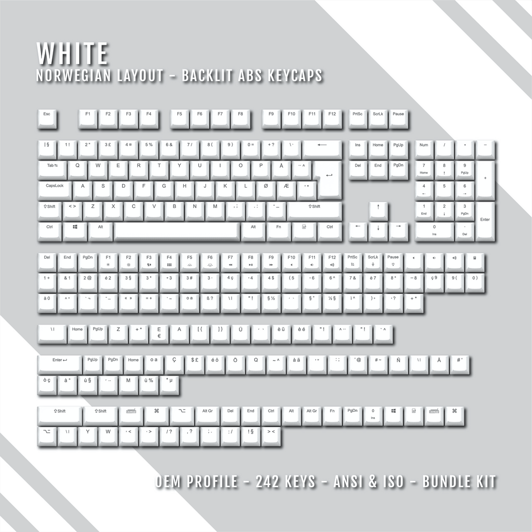 White Backlit Norwegian Keycaps - ISO-NO - Windows & Mac - kromekeycaps