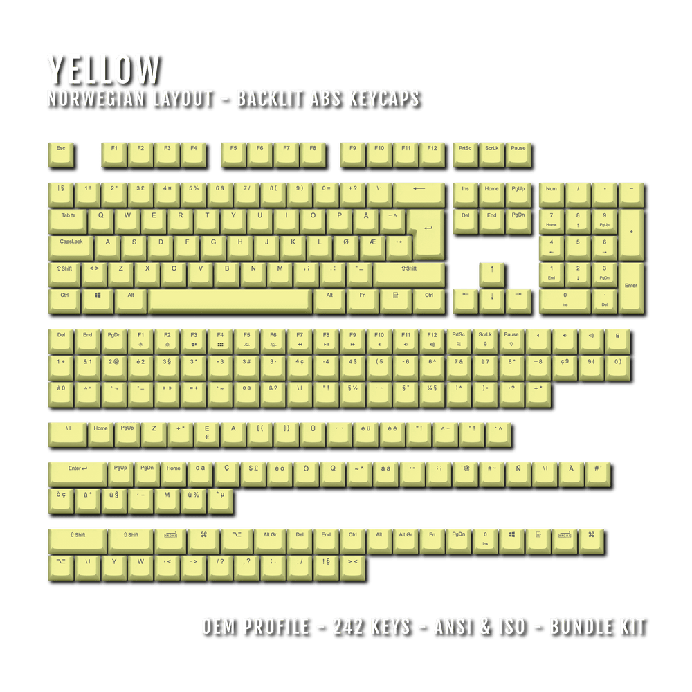 Yellow Norwegian (ISO-NO) Backlit ABS Keycaps for Windows & Mac Krome Keycaps LTD norwegian