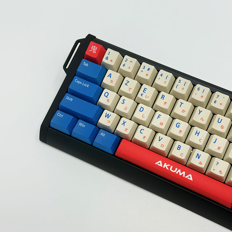 ONI AZERTY PBT keycaps on a mechanical keyboard, featuring OEM profile keys with Off-White/Beige, Red and Blue Keycaps