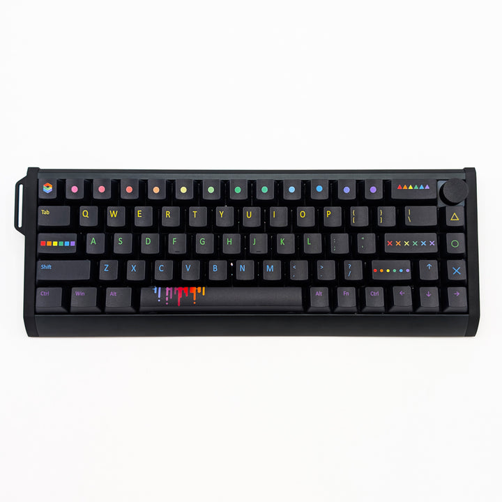 PAINTWORKS QWERTY PBT keycaps on a mechanical keyboard, featuring OEM profile keys with Black Keycaps and Rainbow Text