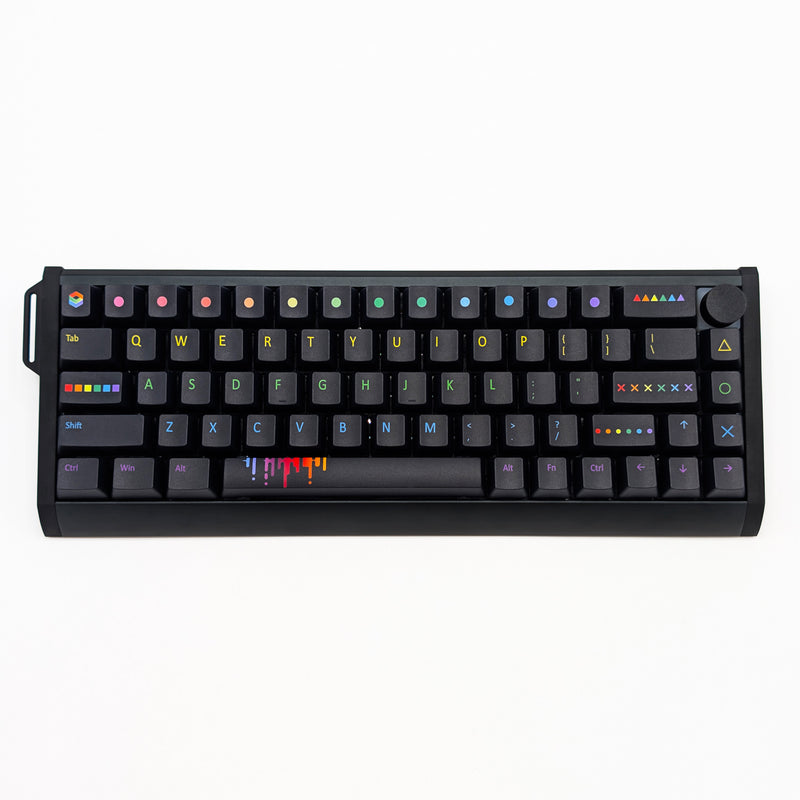 PAINTWORKS QWERTY PBT keycaps on a mechanical keyboard, featuring OEM profile keys with Black Keycaps and Rainbow Text