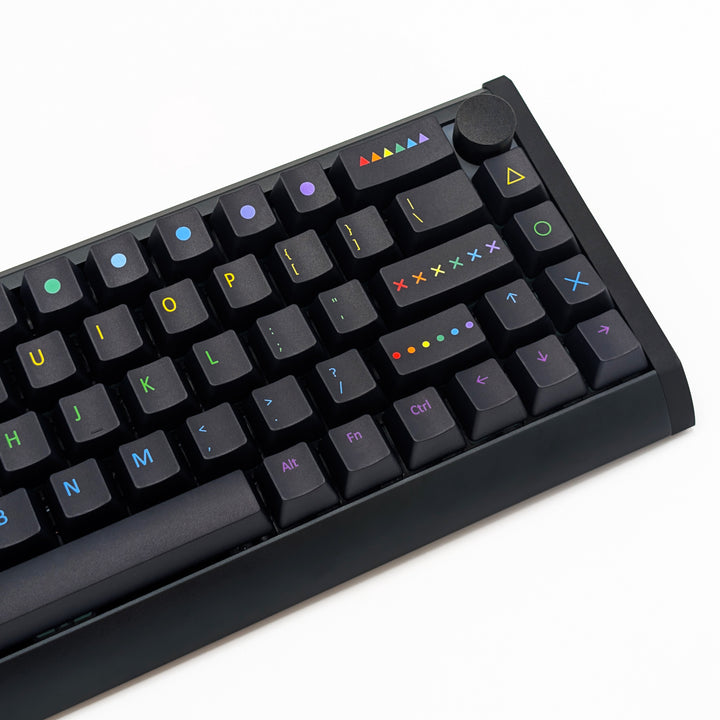 Side shot of PAINTWORKS QWERTY PBT keycaps on a mechanical keyboard, featuring OEM profile keys with Black Keycaps and Rainbow Text