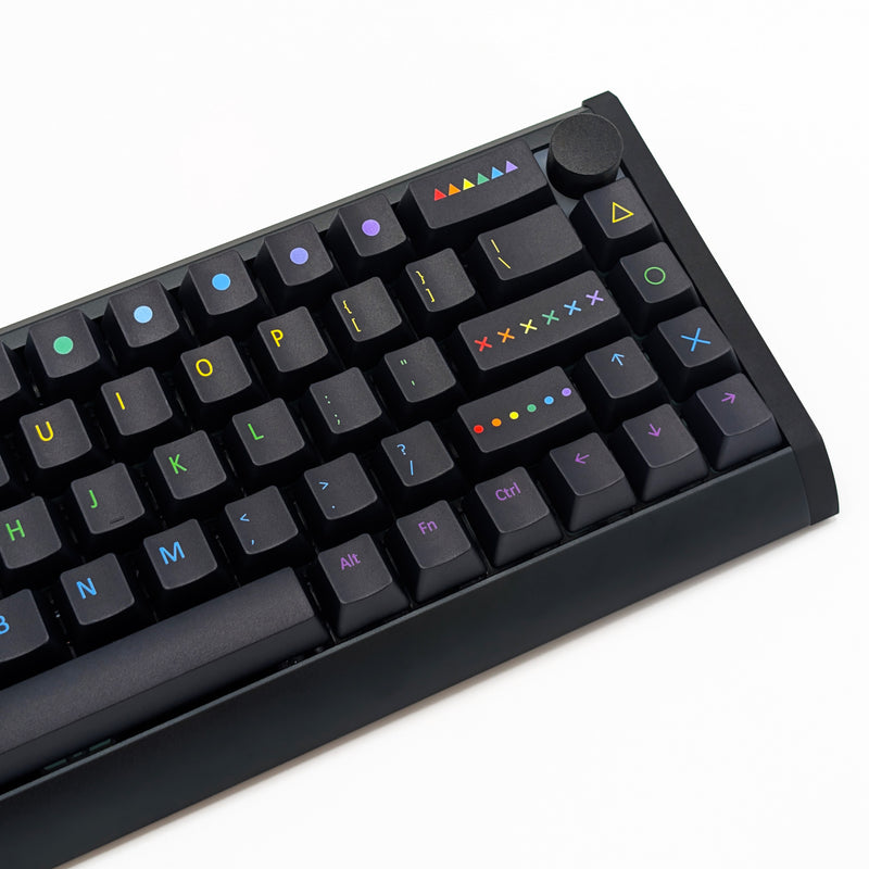 Side shot of PAINTWORKS QWERTY PBT keycaps on a mechanical keyboard, featuring OEM profile keys with Black Keycaps and Rainbow Text