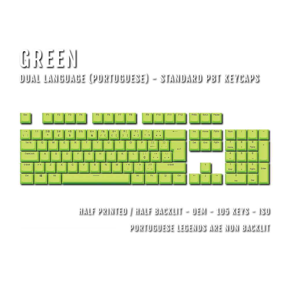 Green PBT Portuguese Keycaps - ISO-PT - 100% Size - Dual Language Keycaps - kromekeycaps