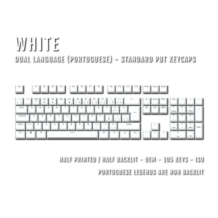 White PBT Portuguese Keycaps - ISO-PT - 100% Size - Dual Language Keycaps - kromekeycaps