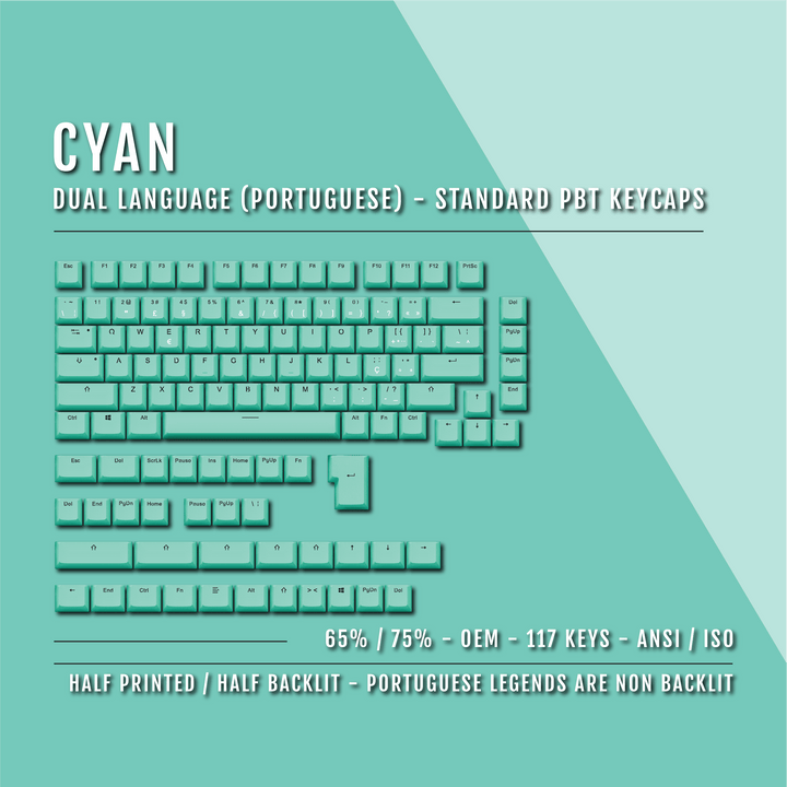 Cyan Portuguese (ISO-PT) Dual Language PBT Keycaps - 65/75% Krome Keycaps LTD portuguese