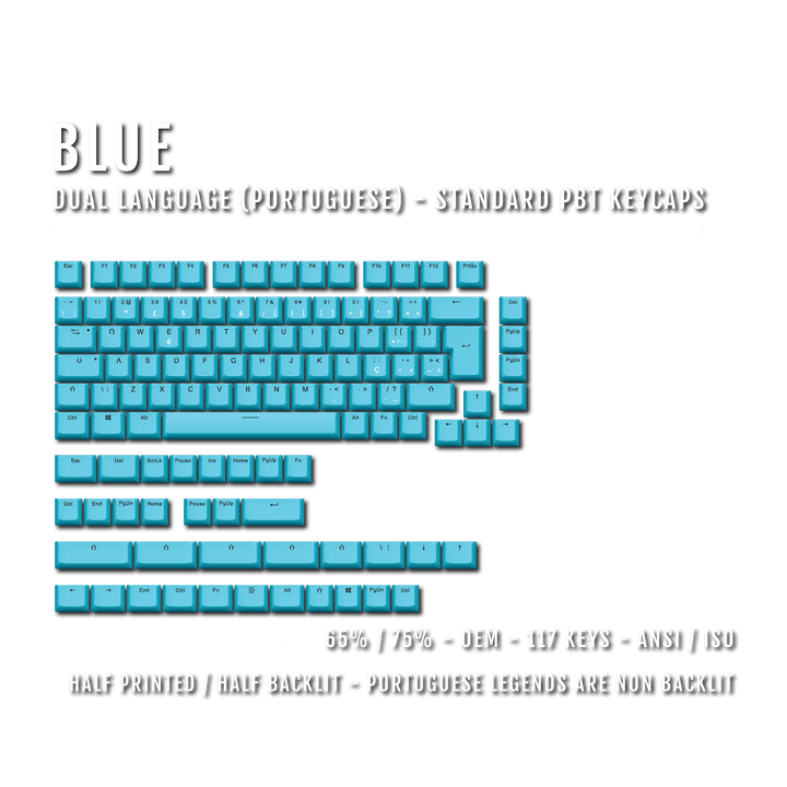Blue Portuguese (ISO-PT) Dual Language PBT Keycaps - 65/75% Krome Keycaps LTD portuguese
