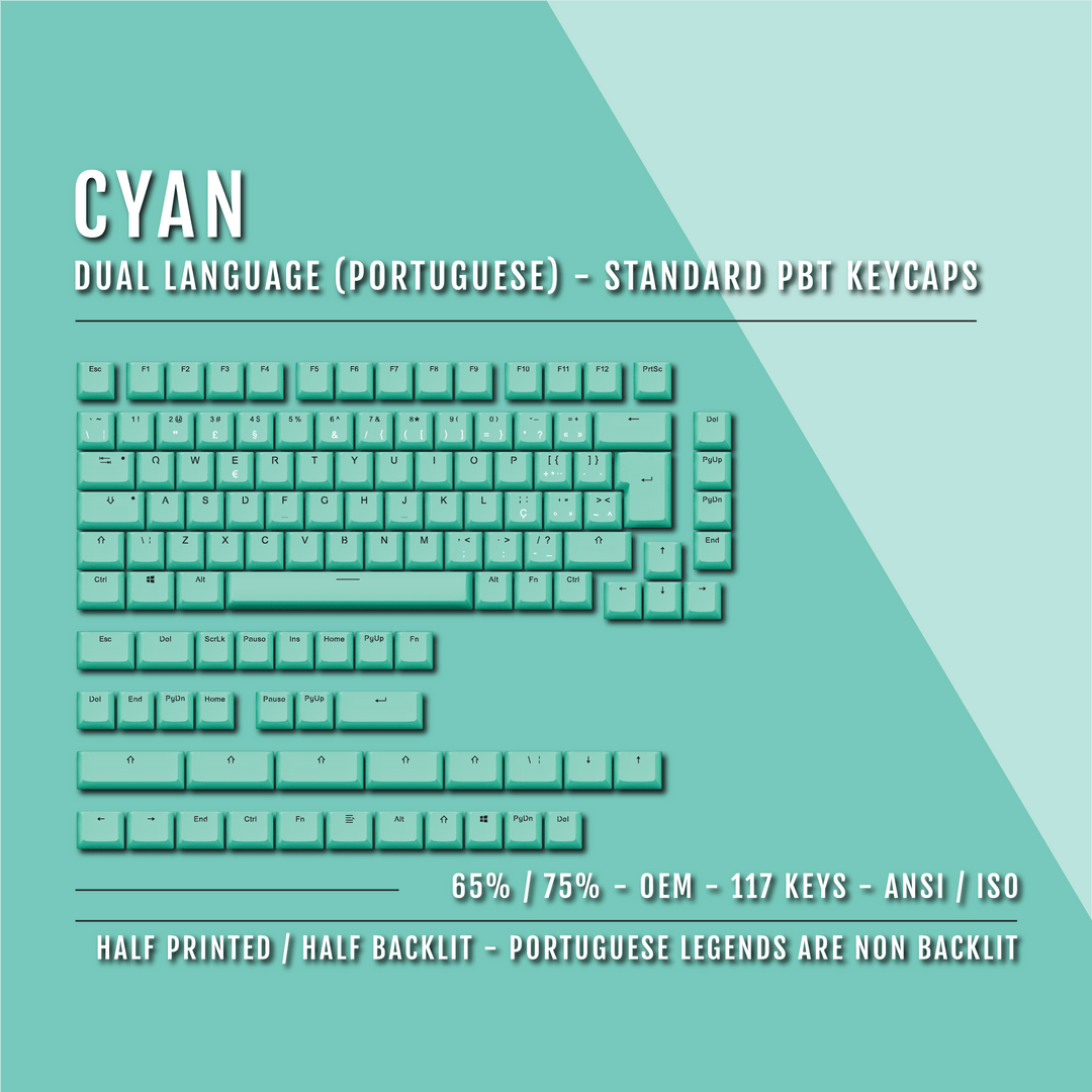 Cyan Portuguese (ISO-PT) Dual Language PBT Keycaps - 65/75% Krome Keycaps LTD portuguese