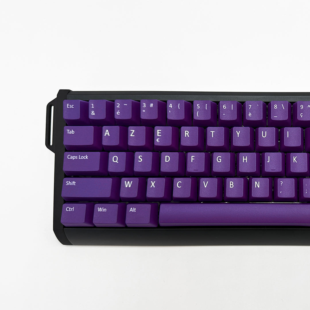 Purple ANSI AZERTY OEM profile PBT keycaps with matte finish installed on a mechanical keyboard, showing non-backlit keys with dye-sublimated white legends.